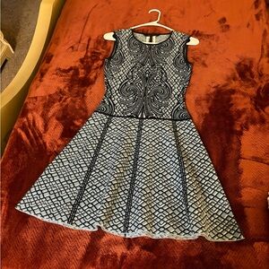 Women BCBGeneration Blue and White Sleeveless Fit-and-Flare Embroidered Dress